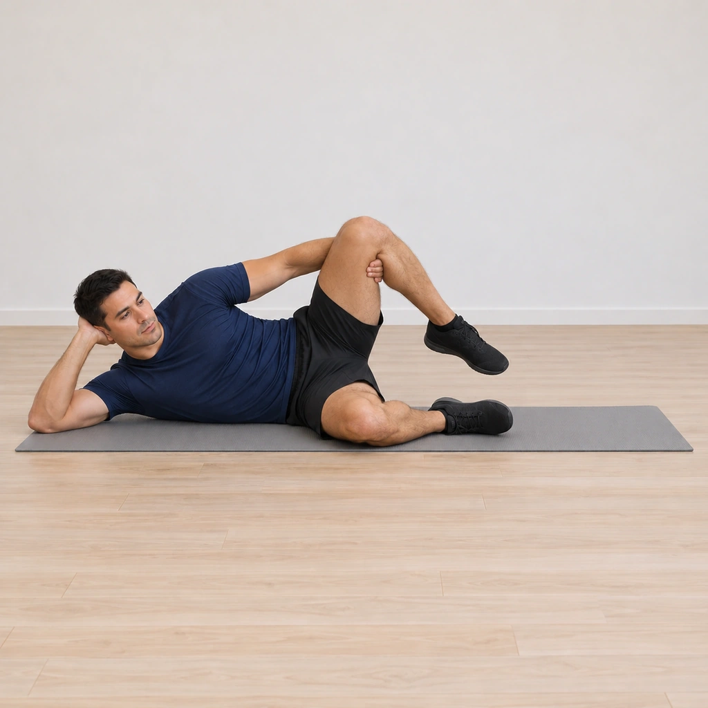 His left knee is pulled in toward his left shoulder while the lower leg presses downward, the inner thigh opened as the right knee keeps the base stable.