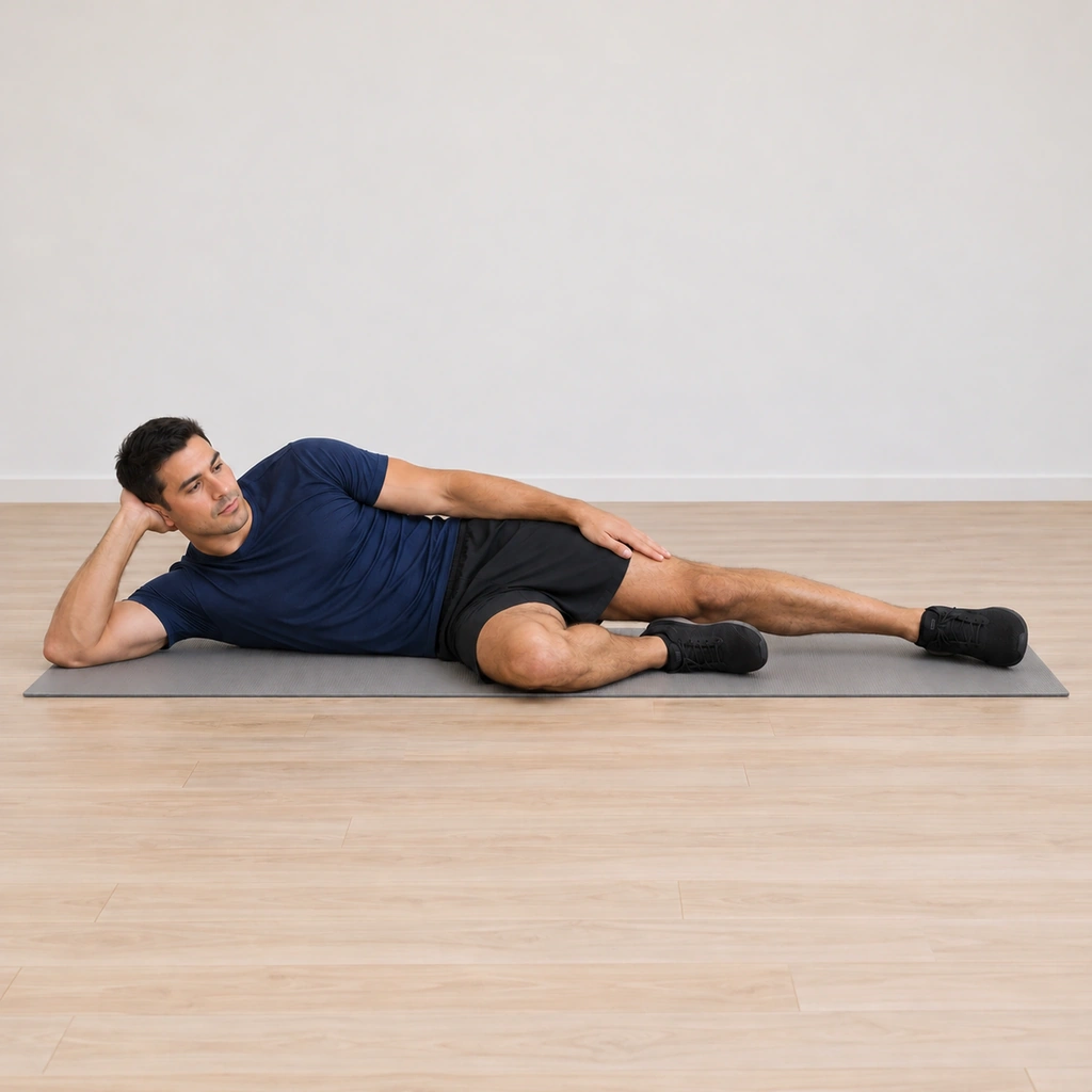 He has eased the hold and lowered the left leg back toward the mat, the right knee still bent in front, the first-side stretch complete.