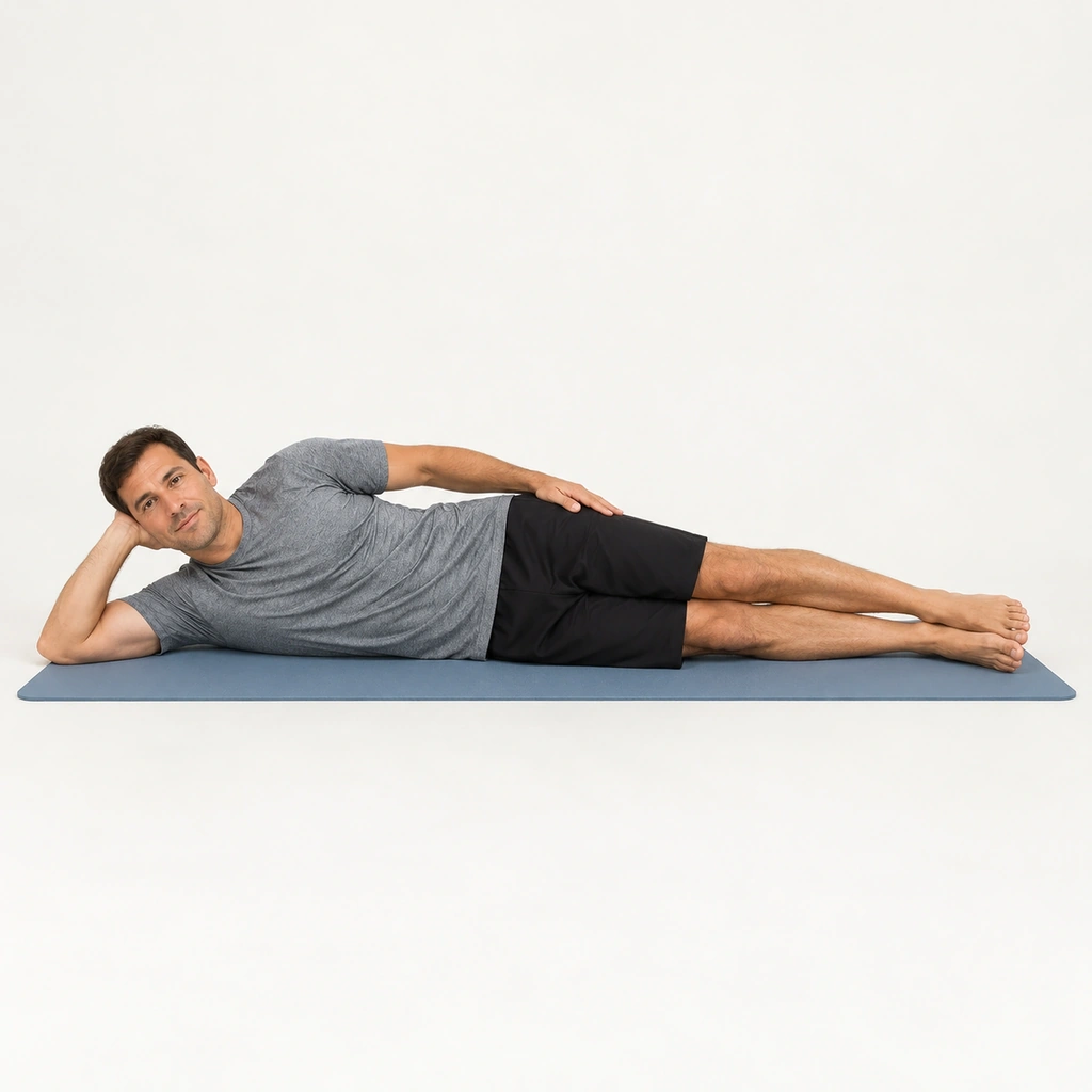 A man lying on his right side on a mat, legs extended and stacked with the knees touching, his head resting on his bent right arm, his left hand resting on his left hip.