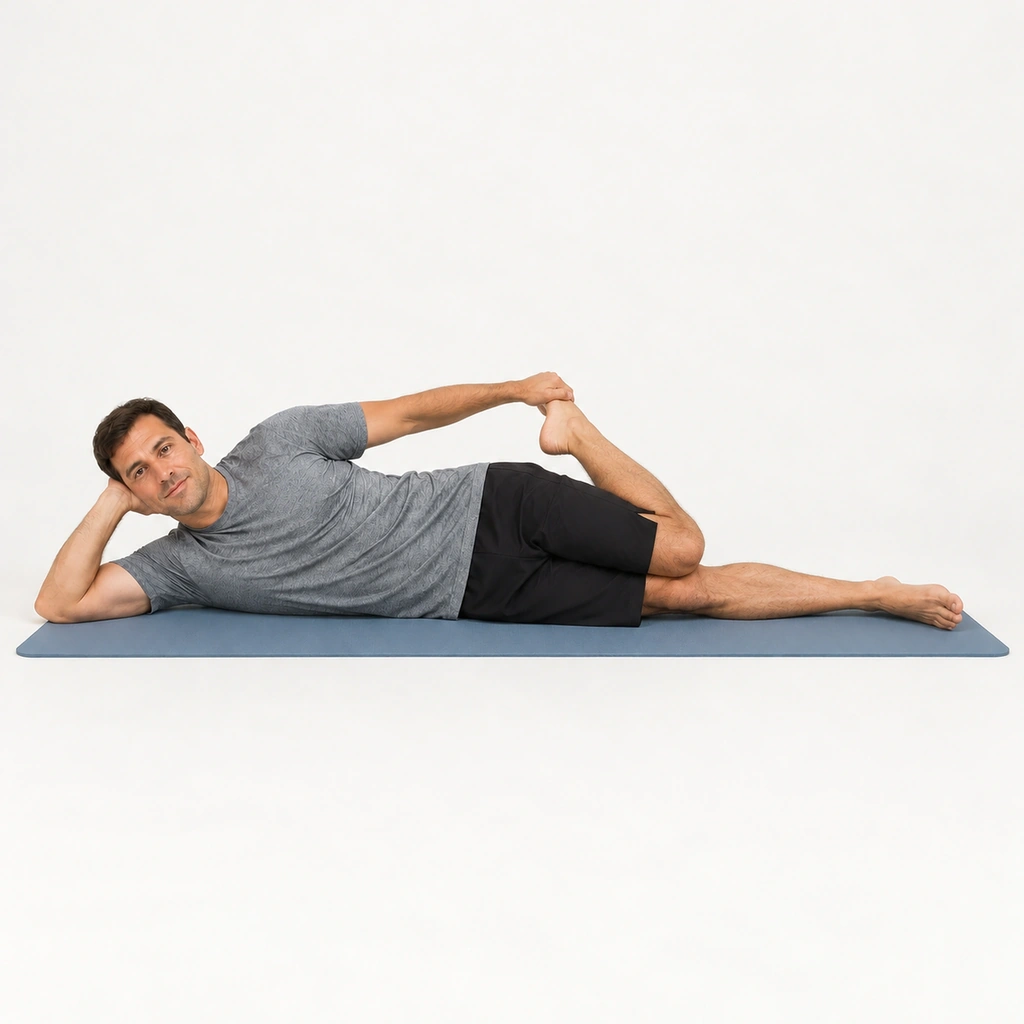 The same man lying on his right side, his left knee bent behind him with his left hand gripping the top of his left foot and gently pulling the heel toward his left buttock, knees touching, right leg still extended along the mat.