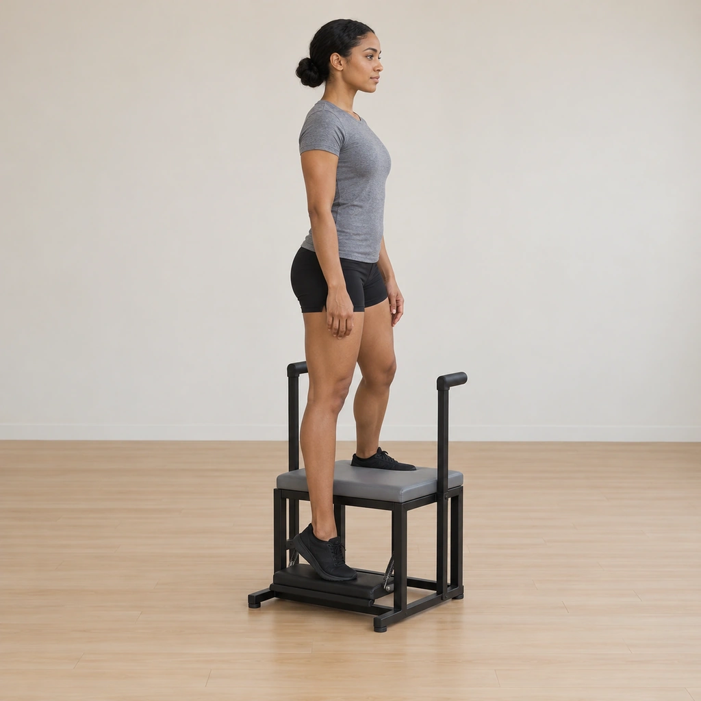 She stands pivoted side-on on the wunda chair, her inside foot placed parallel on the pressed-down spring pedal, her posture tall and beginning to settle into the mount.