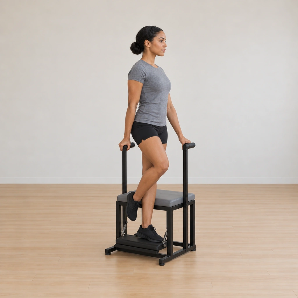 Her outside leg is crossed in front of the standing leg held free by the seat of the chair in a turned-out hip, her hands wrapped around the front and back edges of the chair, her shoulders squared over her hands and her spine tall.