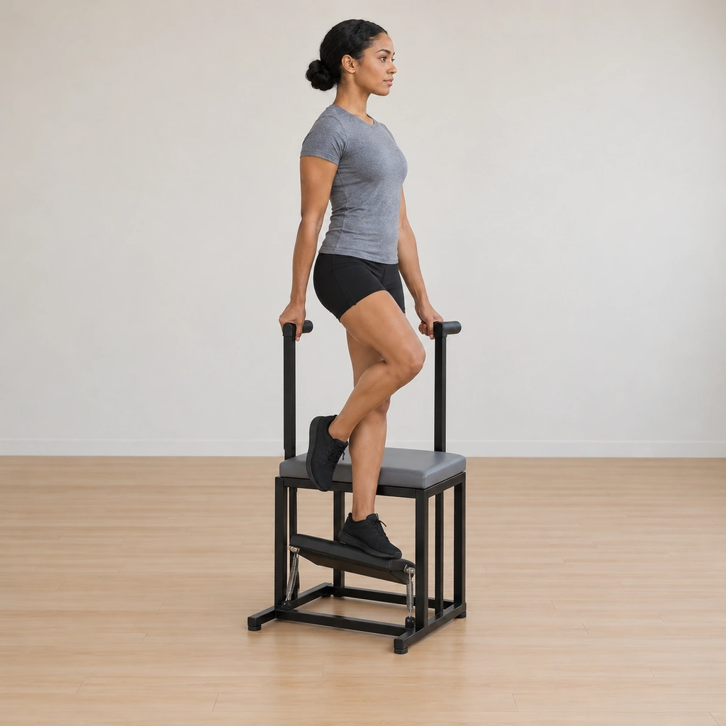 The spring pedal is lifted under her inside foot driven from the standing leg and center, her outside leg still crossed free, her hands steady on the chair and her spine tall on her seat.