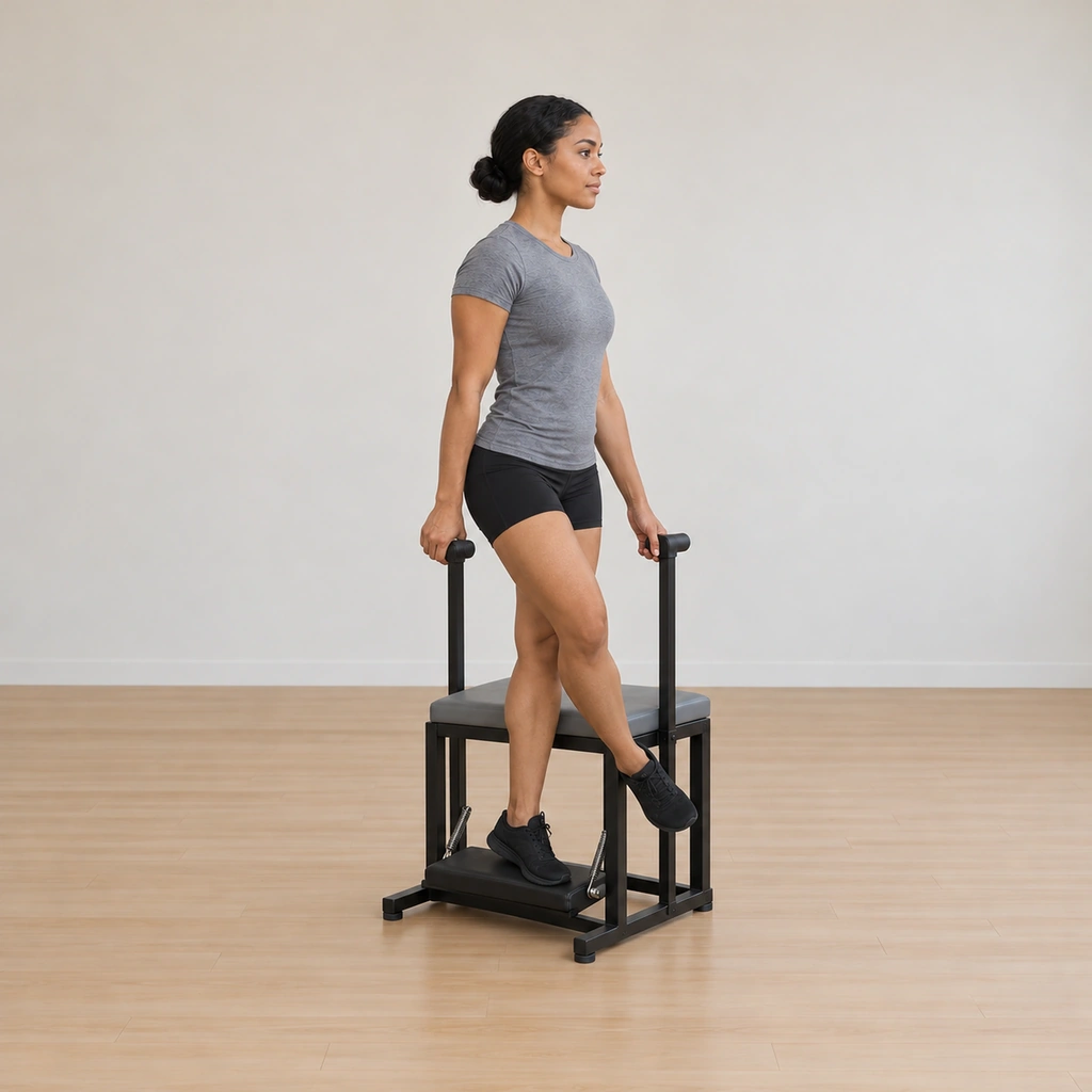 The pedal is lowered back down under her inside foot controlled through the leg and center, her outside leg still crossed and held by the seat, her hands steady on the chair's edges.