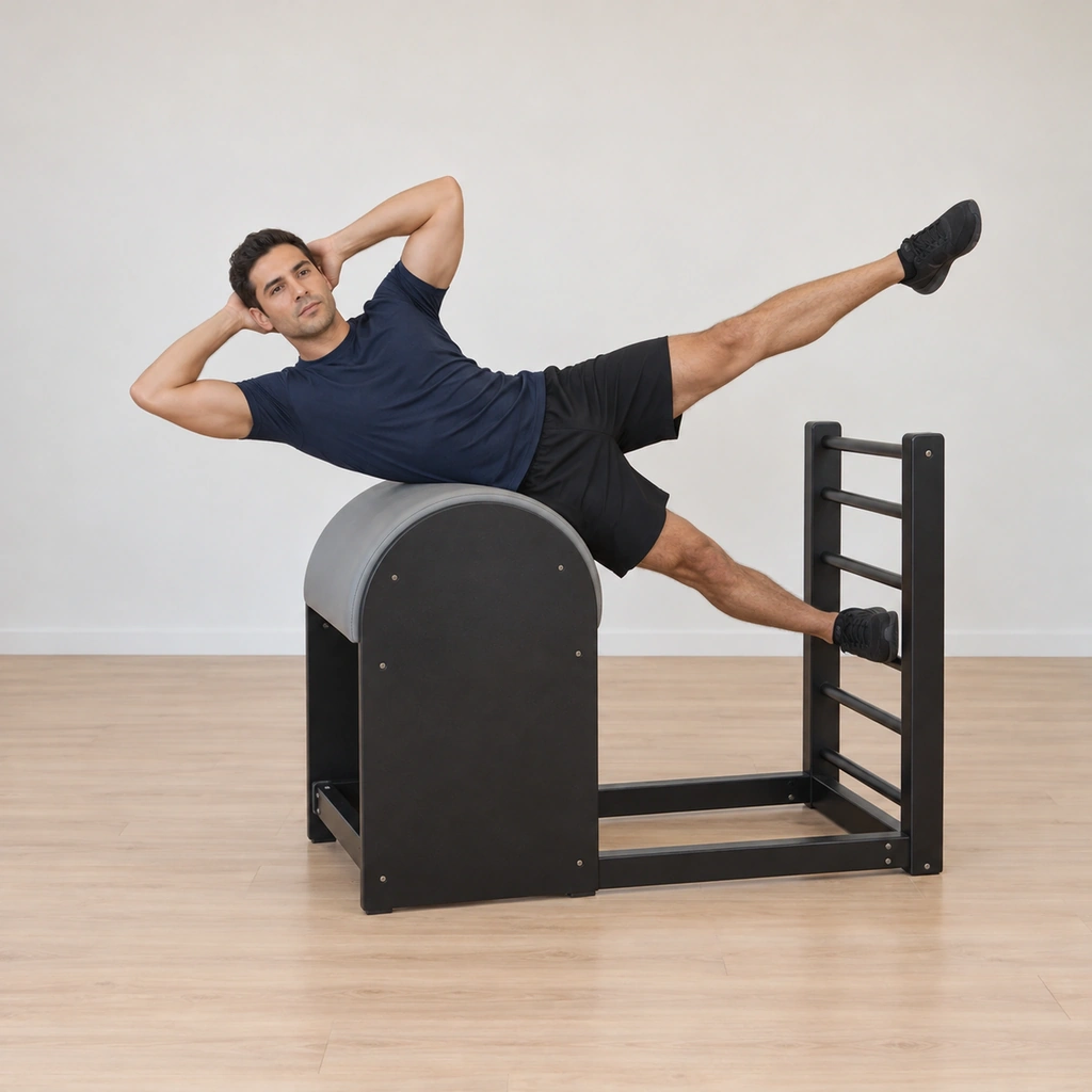 A man lies side-draped over the ladder barrel, his bottom leg hooked at a rung, his top leg reached straight to the high diagonal, hands behind his head.