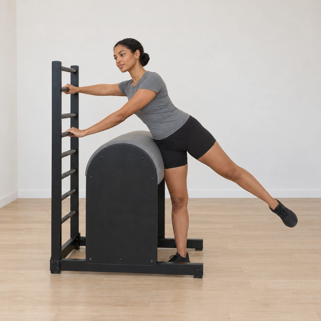 Her outside leg lifts to the side as her outside arm reaches, her inside leg rooted, the hands still on the different rungs beginning the lateral arc.