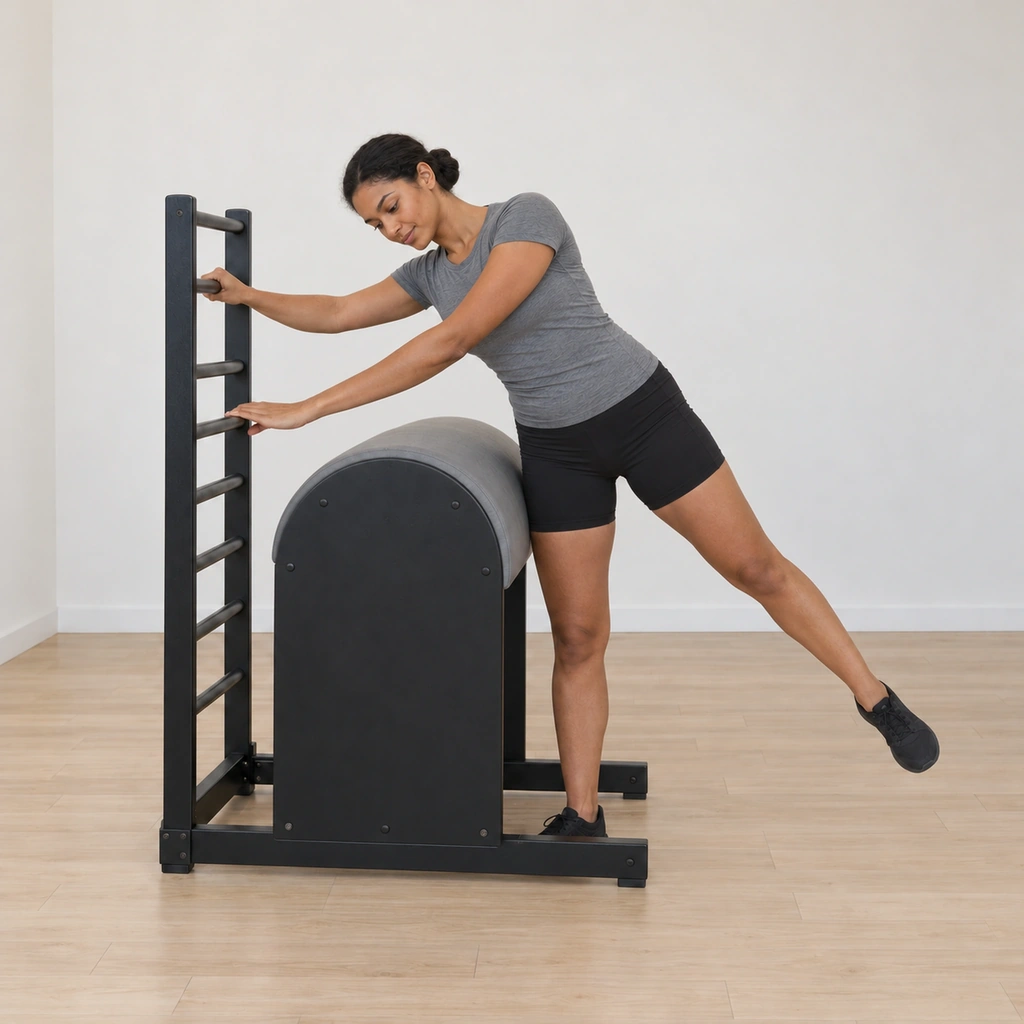Her torso bends sideways over the barrel, the hands holding their different rungs, the outside leg held lifted and the inside leg rooted.