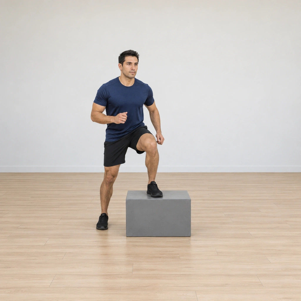 He stands beside the low box, his left foot resting on the middle of the box top and his right foot on the floor, knees soft and arms loose, ready to shuffle.