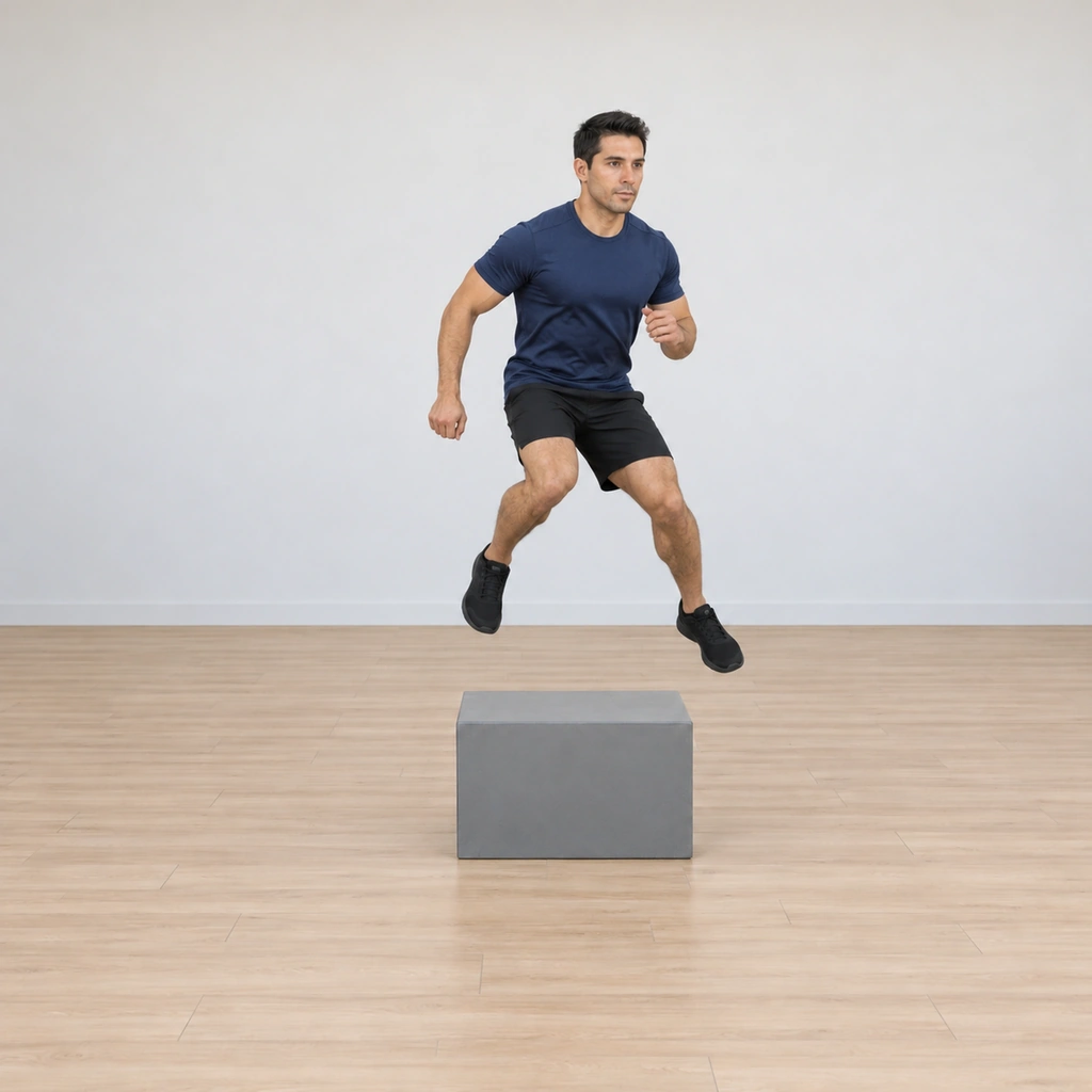 He is airborne over the box, legs carrying him laterally toward the far side, his arms swinging in opposition to aid the hop.