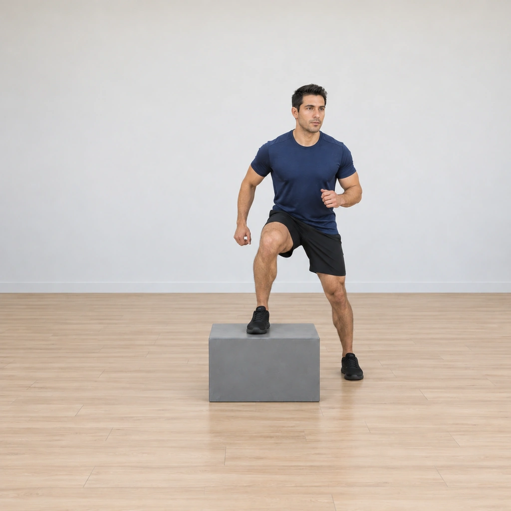 He is landing on the far side of the box, his right foot now on the box top and his left foot touching down on the floor, knees soft absorbing the landing.