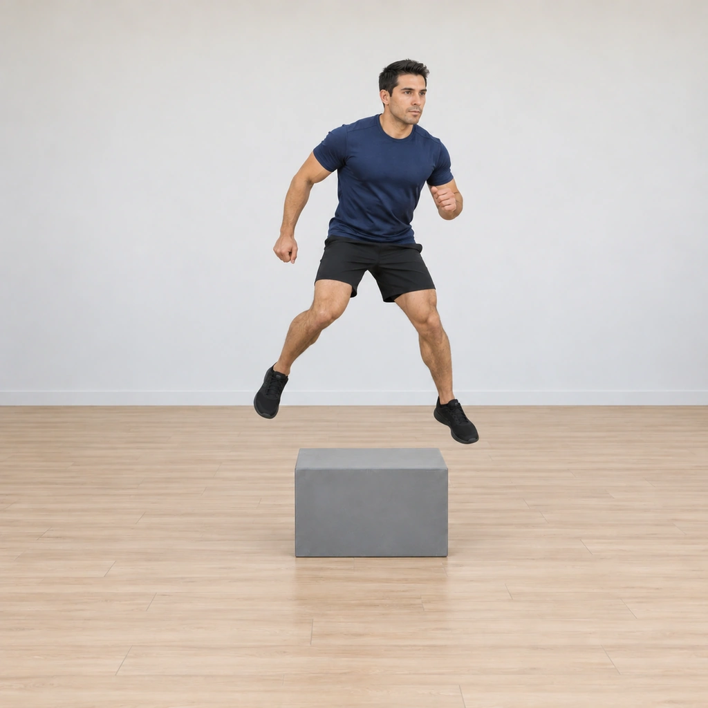 He is hopping back the other way over the box, body airborne moving laterally back toward the start side, arms swinging with the rhythm.