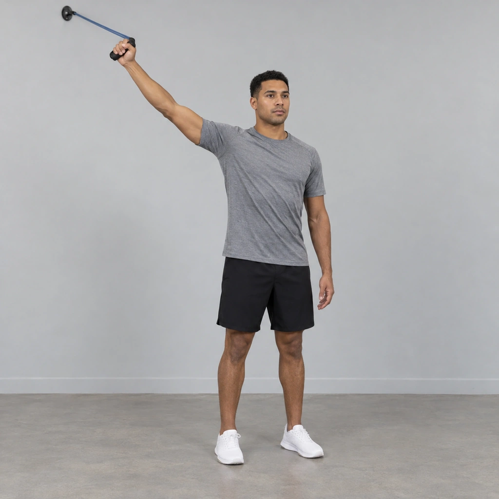 A man standing with his right arm raised overhead and out to the side, gripping a resistance-tube handle, the tube running taut up to a wall anchor above and behind him.