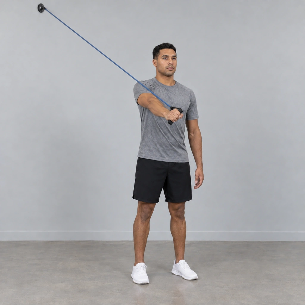 The same man mid-pull, his right hand and the tube handle passing in front of his chest as his arm travels diagonally down and across his body, his thumb visibly leading the turn.