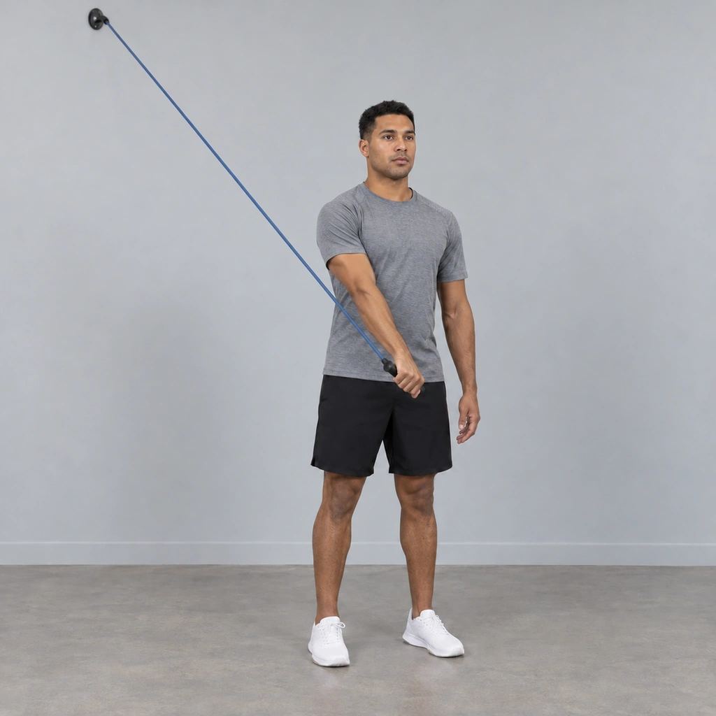 The same man at the finish of the pull, his right hand and the tube handle down and across his body near his left hip, thumb leading, the tube stretching back up to the wall anchor.