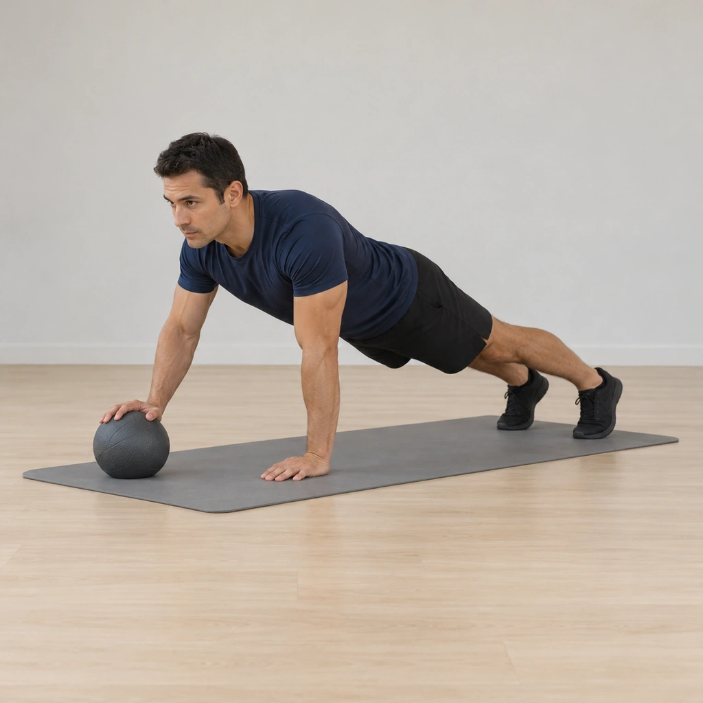 He is in a full push-up plank on the mat, his right hand flat on top of the small medicine ball and his left hand flat on the floor, both under his shoulders, his body straight from head to heels with the core braced.