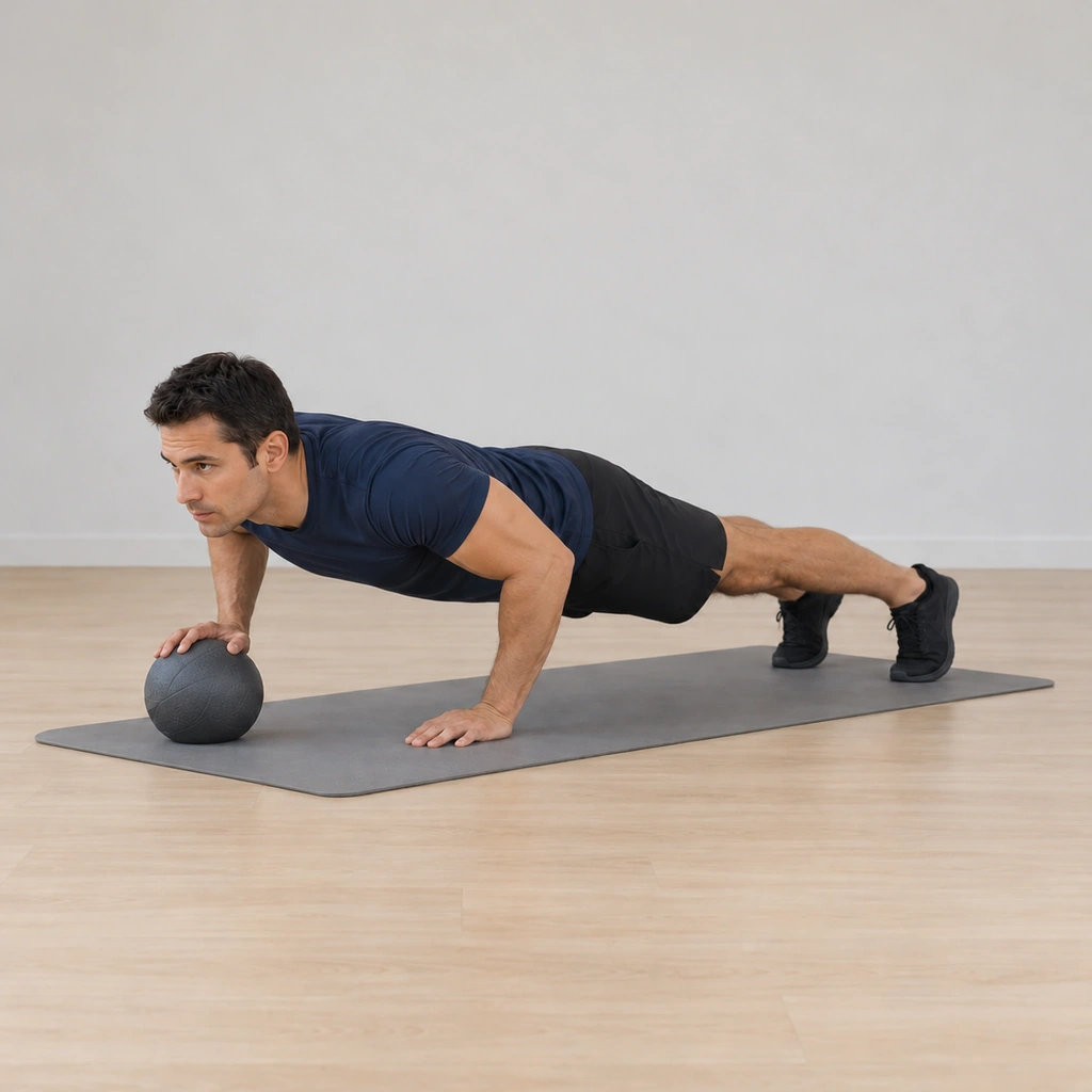 He is midway down, his elbows bending at his sides as his chest lowers toward the ball under his right hand, his body still in one rigid line with no sag, hike or twist.