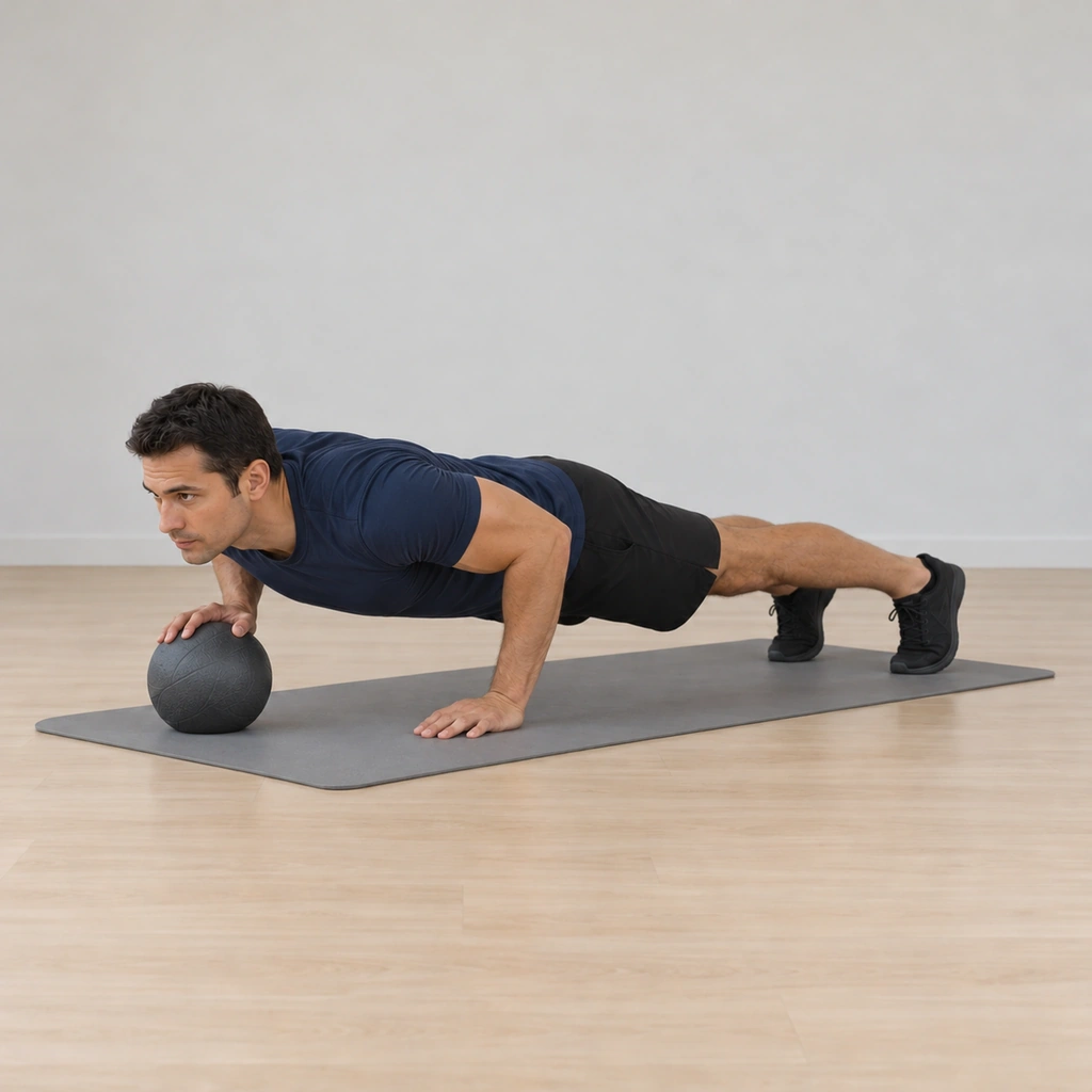 At the bottom of the push-up his chest is just above, lightly touching, the medicine ball under his right hand, his elbows deeply bent and his body still straight from head to heels.