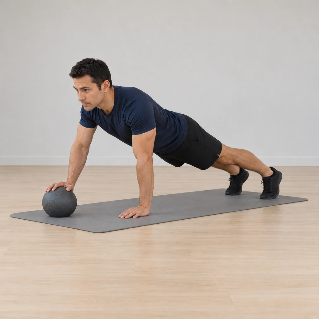 He is pressing back up through the mid-range, his elbows extending as his chest rises evenly off the ball, his right palm still on top of the ball, the slow controlled press keeping his plank unbroken.