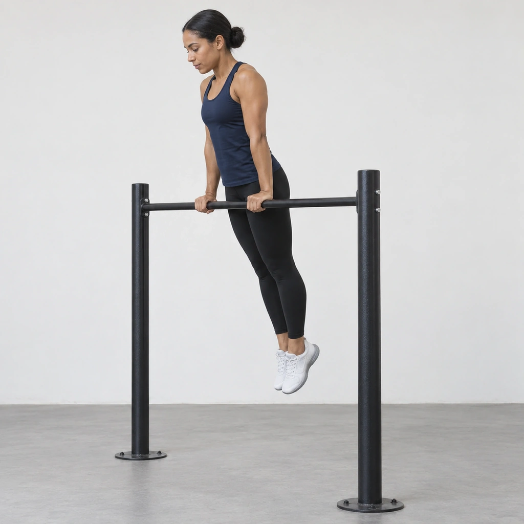 A woman held up above a single horizontal bar on straight arms, hands on top of the bar, body straight, feet off the floor.