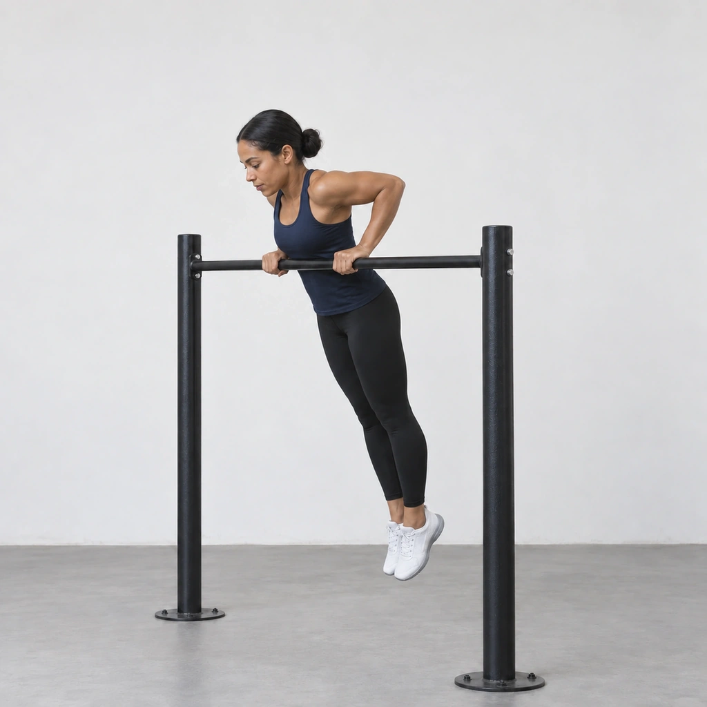 The same woman lowered with elbows bent so that the single bar touches the bottom of her chest, hands still on top of the bar, body straight.