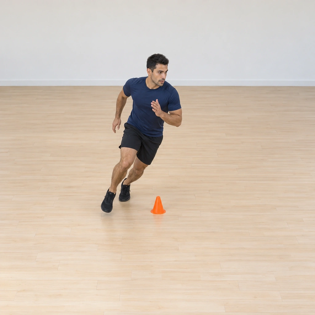 He stands beside the single cone in a ready stance, his right arm back and his left arm forward, weight on the balls of his feet.