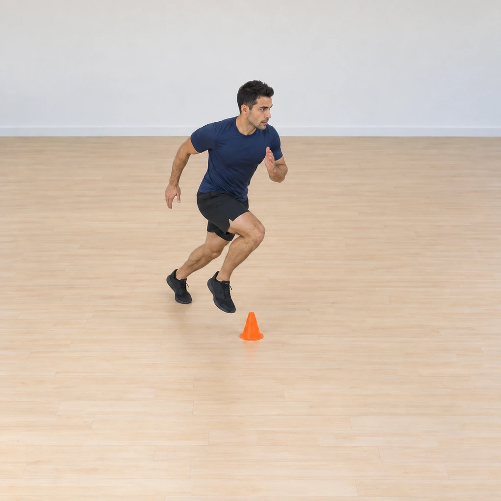 He has begun chopping his feet in fast small steps beside the cone, knees lifting, arms starting to block in opposition.