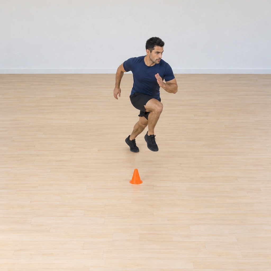He is mid-circle at the far side of the cone, feet still chopping fast, knees high, arms still blocking in opposition.