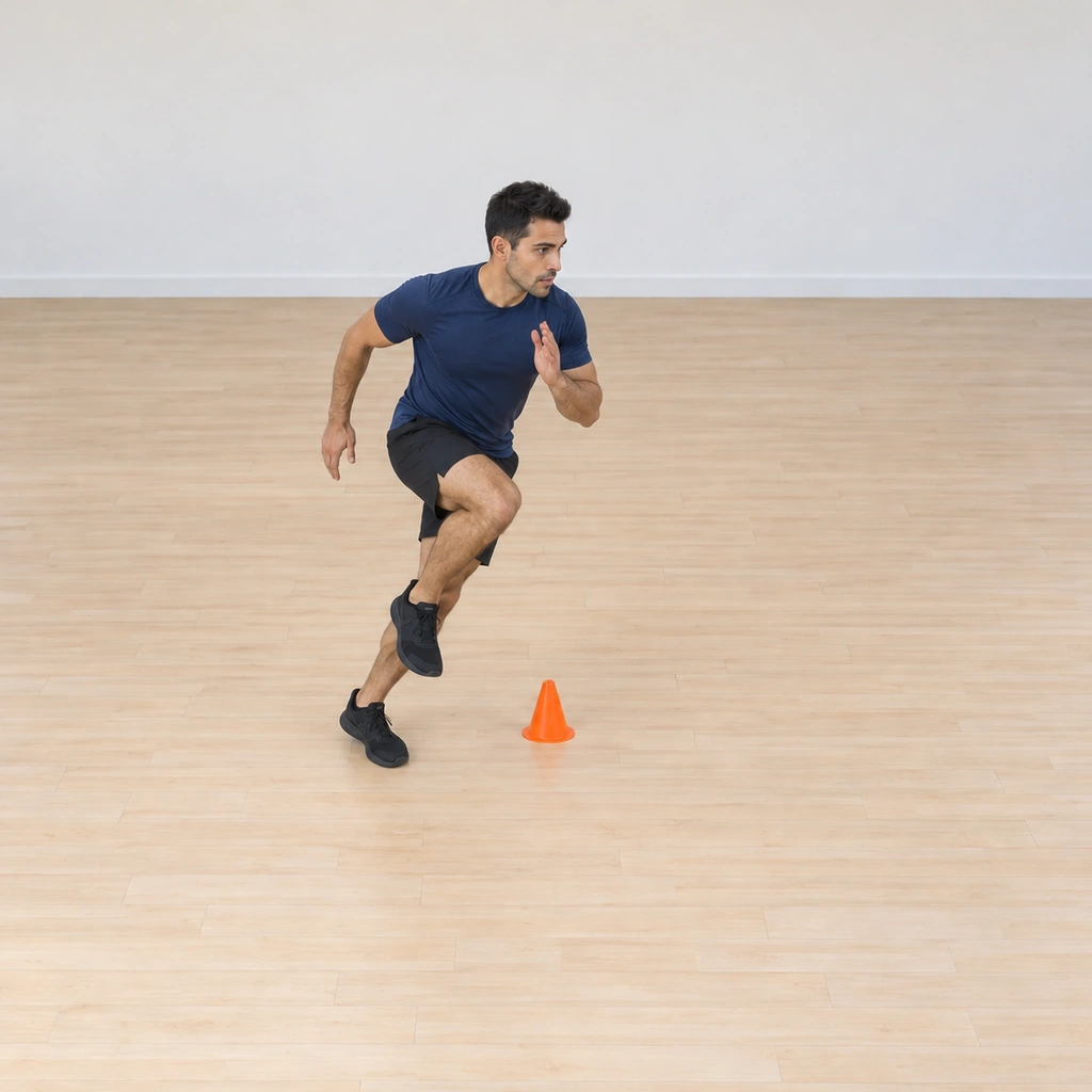He is completing a trip around the cone back near the start side, feet still chopping and arms still blocking, ready to continue the remaining trips.