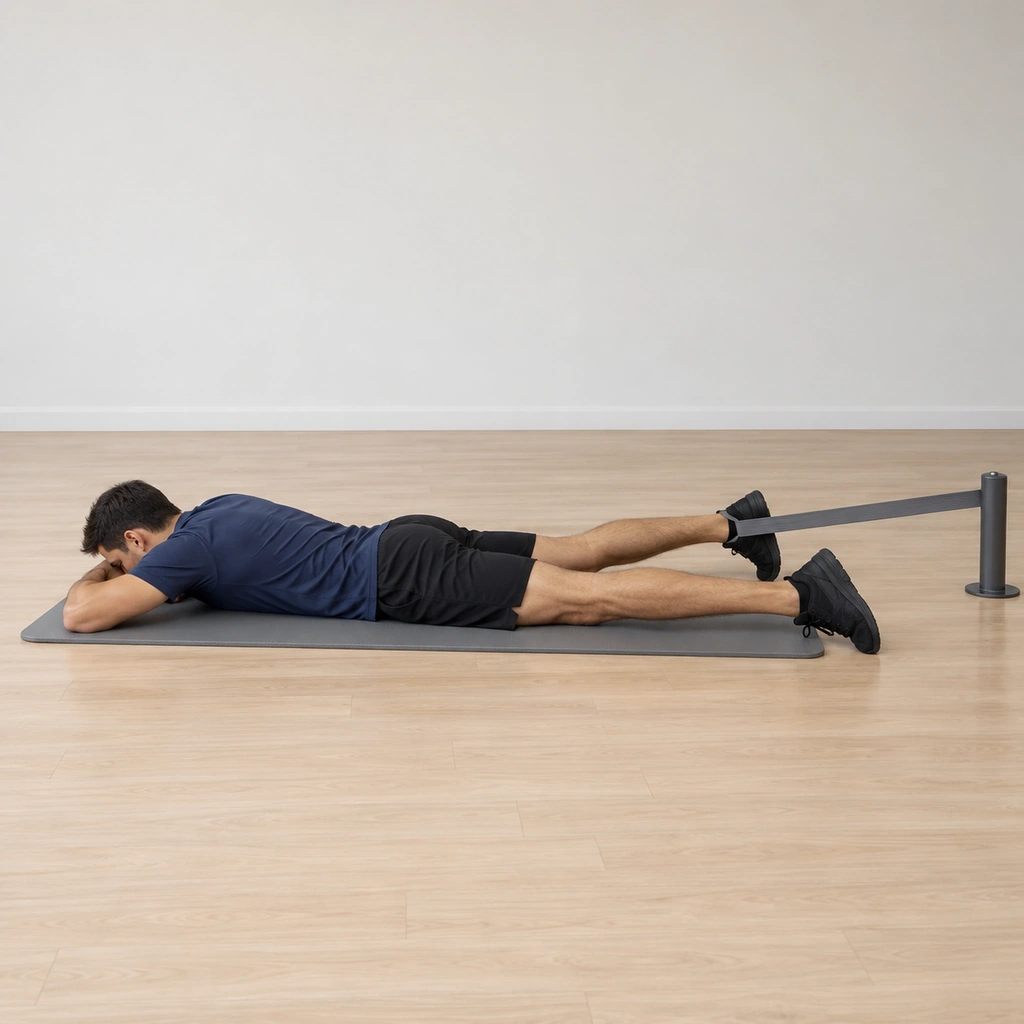 He lies face down on the mat with both legs extended straight behind him, the band running taut from the low anchor ahead of him back to the loop around his right ankle, his head turned to one side, his pelvis flat on the floor.