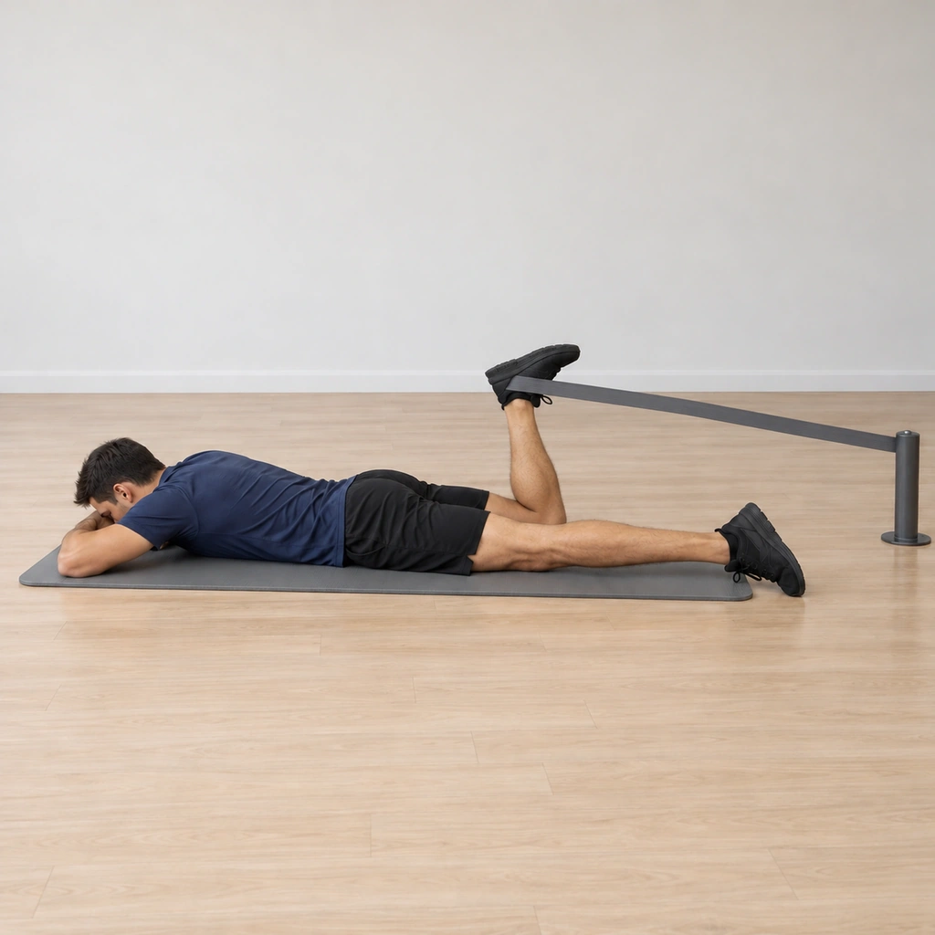 His right heel is at its highest, near his glutes with the knee fully flexed, the band at full draw - held briefly - his left leg still extended and his pelvis still flat on the floor.
