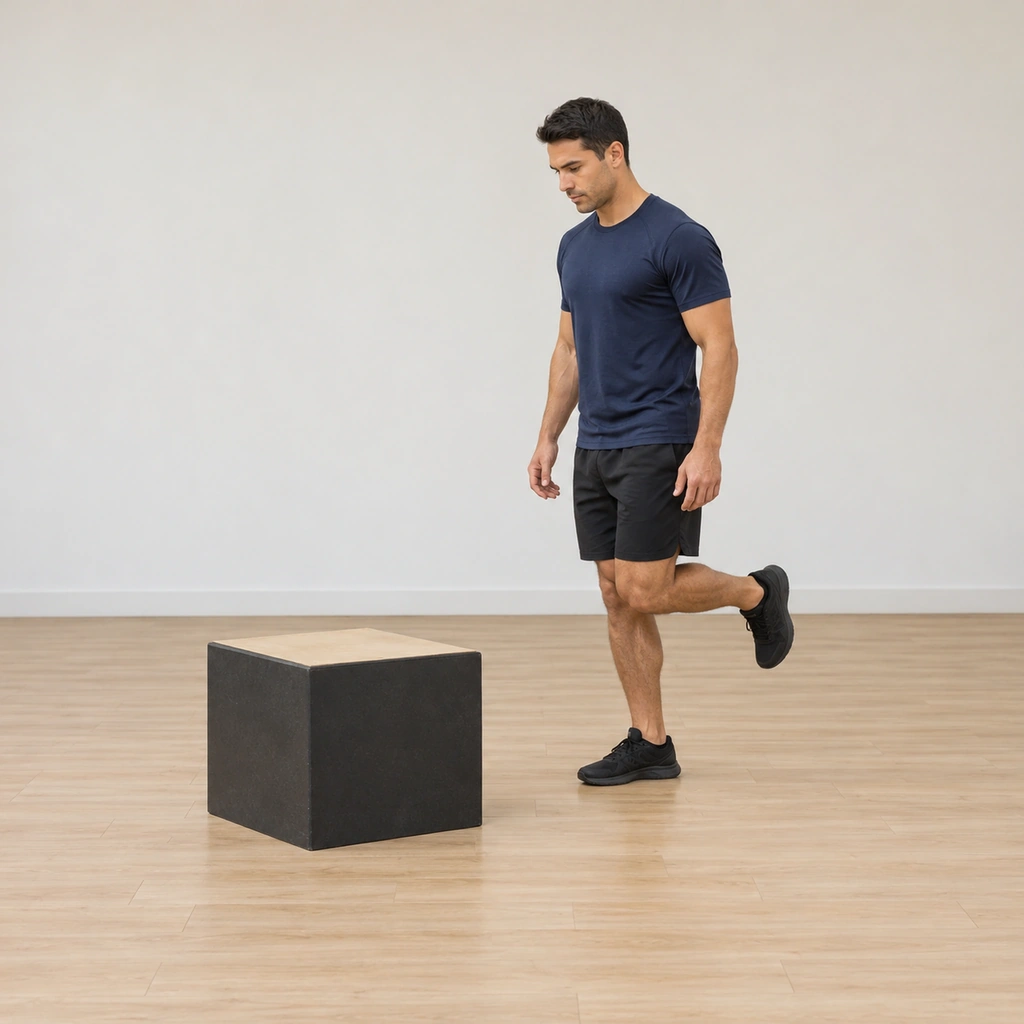 He stands on his right leg a step back facing the plyo box: right foot planted, left leg held clear of the floor bent behind him, torso tall, arms easy at his sides, eyes on the box top.