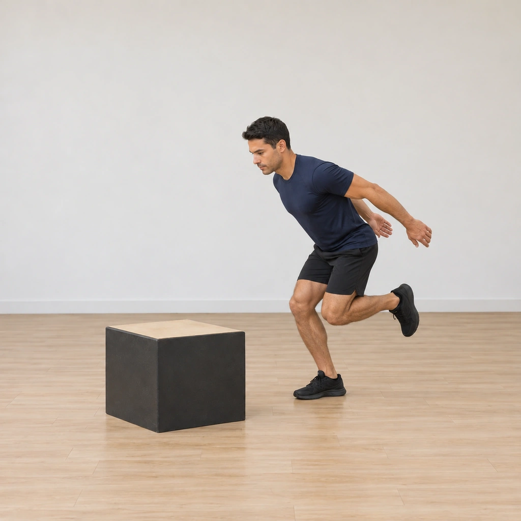 He is dipped to load: right hip and knee bent into a shallow quarter squat on the standing leg, arms swung back behind him, torso inclined slightly forward, left leg still held clear.