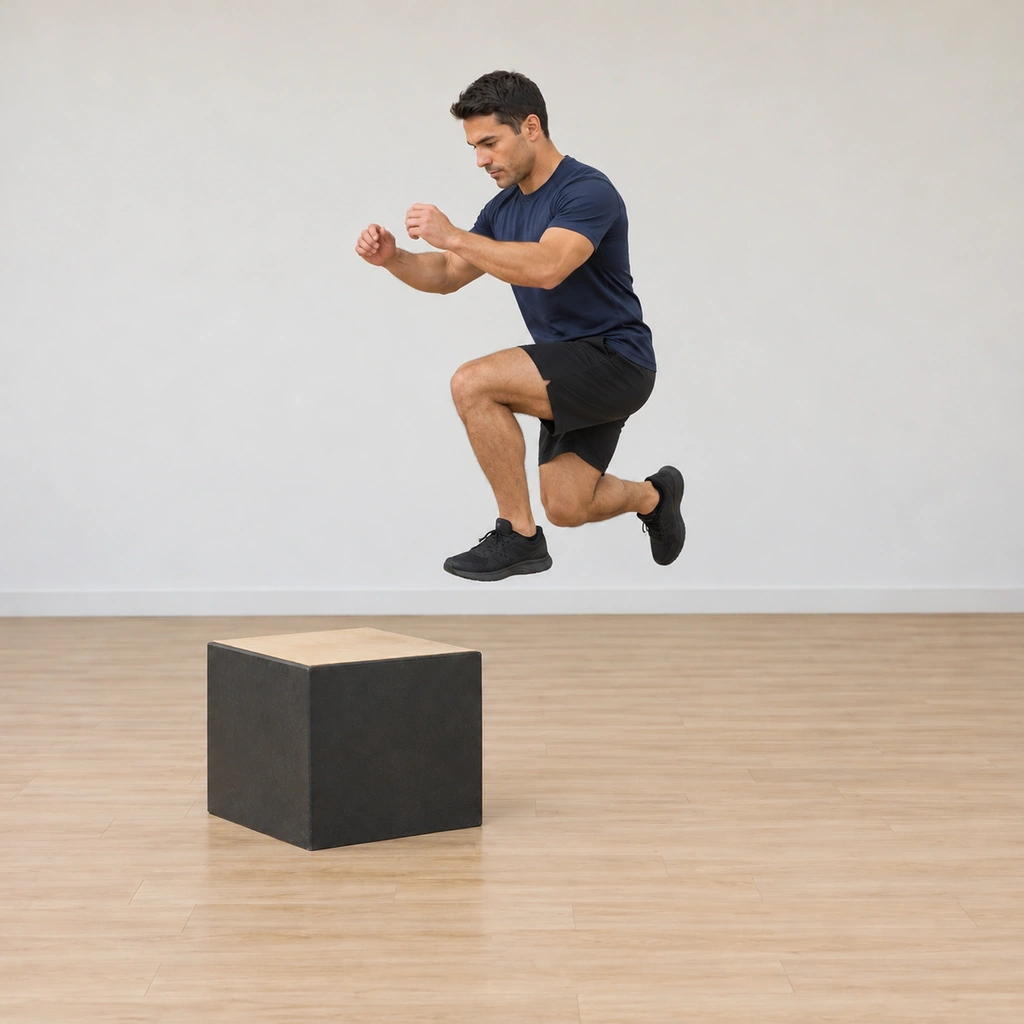 He is airborne mid-jump: right leg just extended off the floor driving the body up and toward the box top, arms swung forward, knees drawing up under him, the box top approaching below.