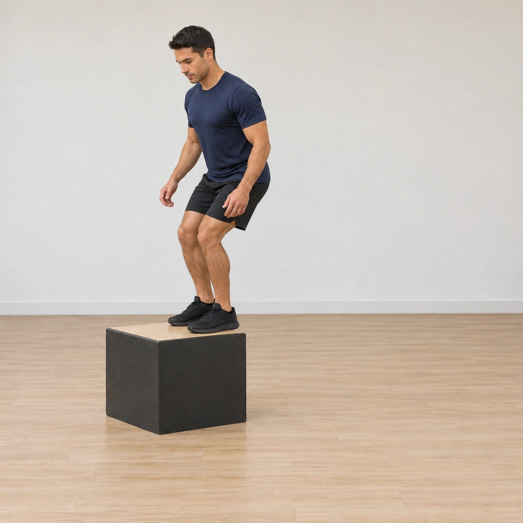 He is landing on the box top: right foot planted on the box top with hip and knee bent absorbing the landing, the left foot touching down beside it as the two-foot level option, torso slightly forward, arms out for balance.