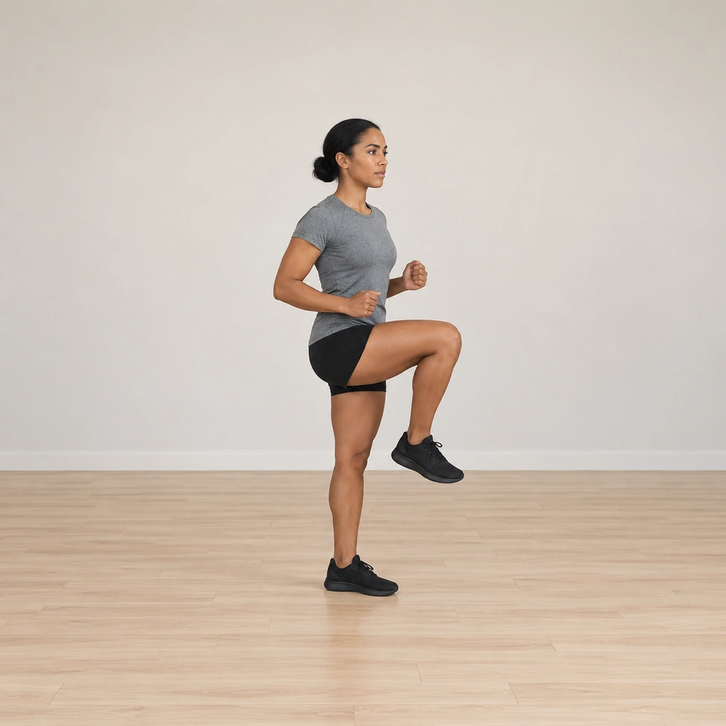 She stands balanced on her left leg with her right knee raised and bent, arms relaxed, ready to jump.