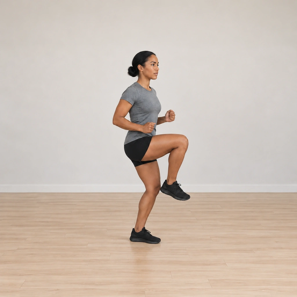 She is dipping on her grounded left leg, hip and knee flexing to load the upward take-off, right knee still raised.