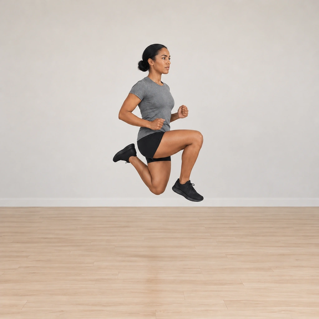 She is airborne, her left heel flexed up toward her buttock, the left hip extending, the right knee still held raised.