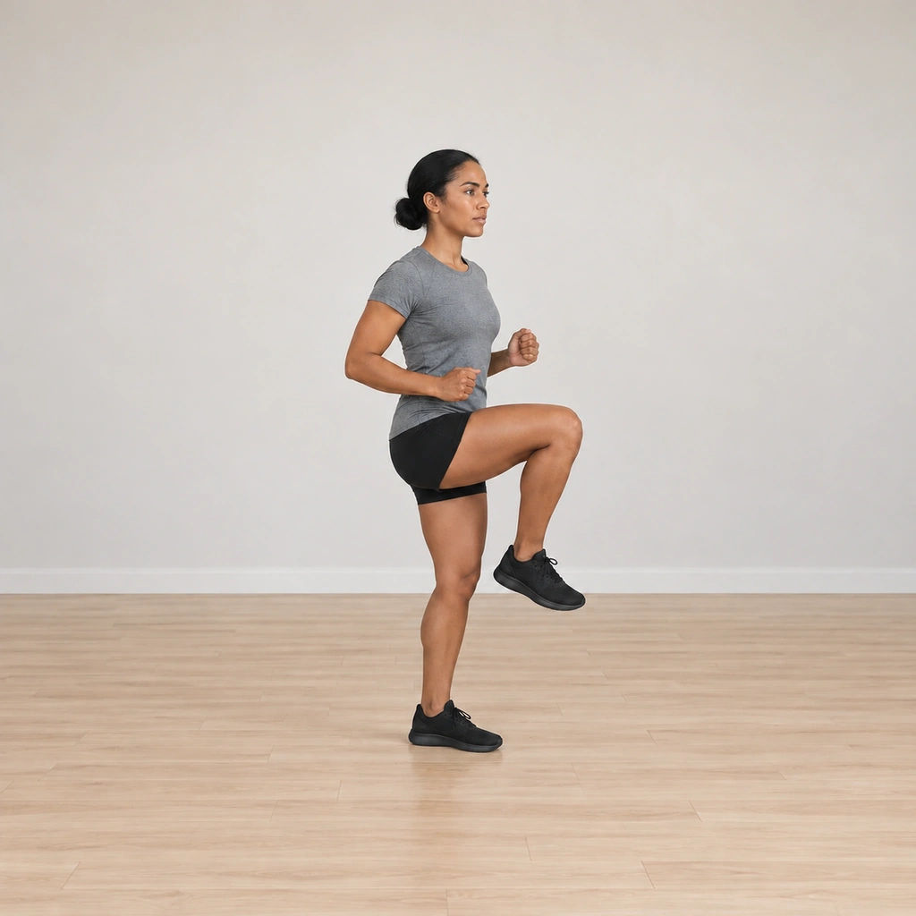 She is landing on her left leg with the knee partially bent absorbing, her right leg still held raised and bent.