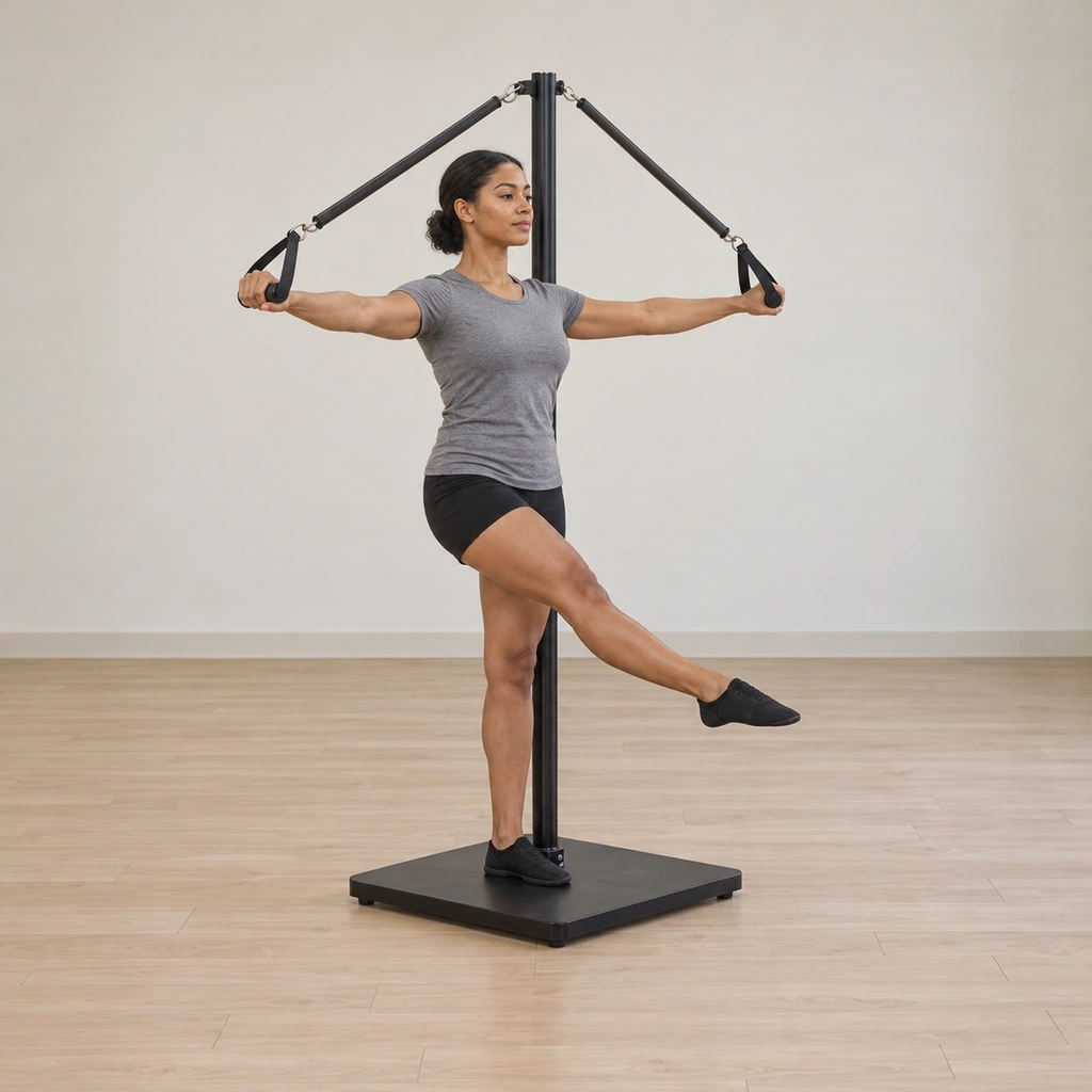 She stands tall on the ped-o-pul platform, heels together and toes apart, her arms wide at shoulder height holding the spring handles, one leg reached forward with a pointed foot.