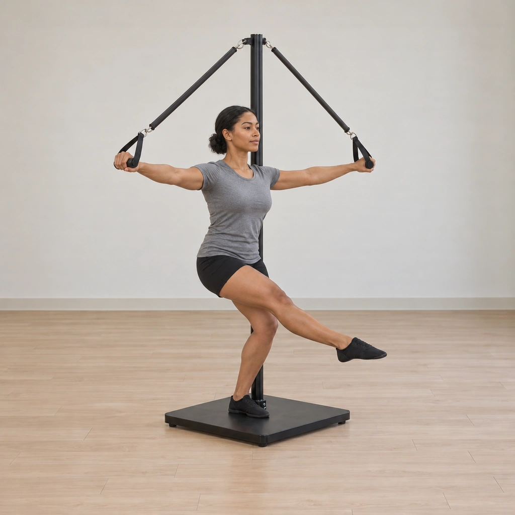 Her standing leg is bent in a partial squat as she slides down the pole line, her free leg still reached forward and her arms wide at shoulder height on the springs.