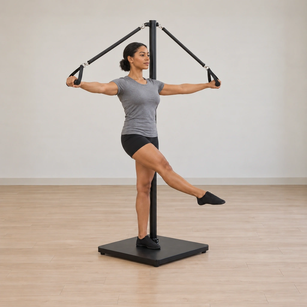 She is pressing back up to tall standing through her standing foot, her free leg still reached forward, her arms wide and her spine long.