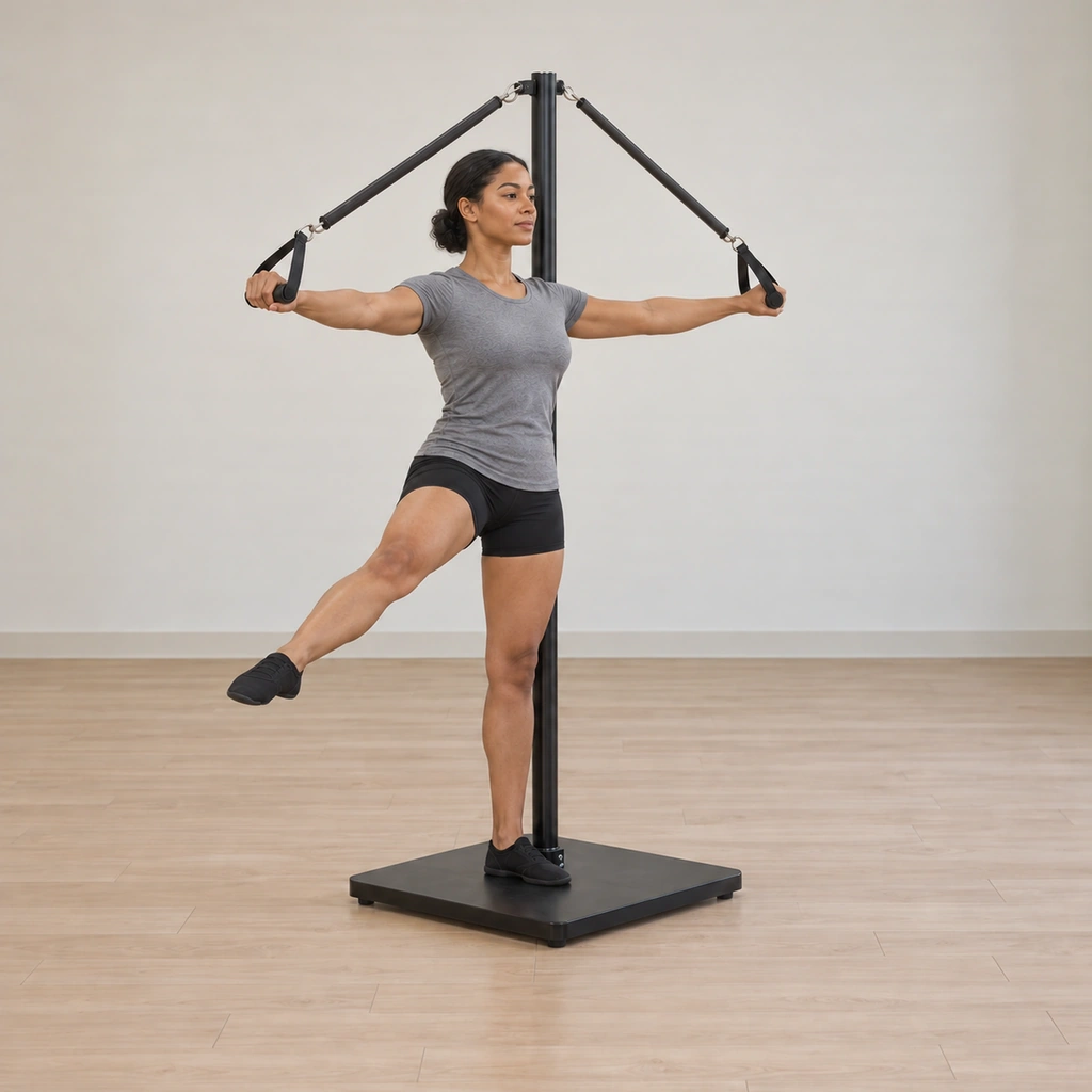 She stands tall with her free leg reached out to the side at hip-controlled height, her arms still wide on the springs, preparing to bend and straighten the standing leg.