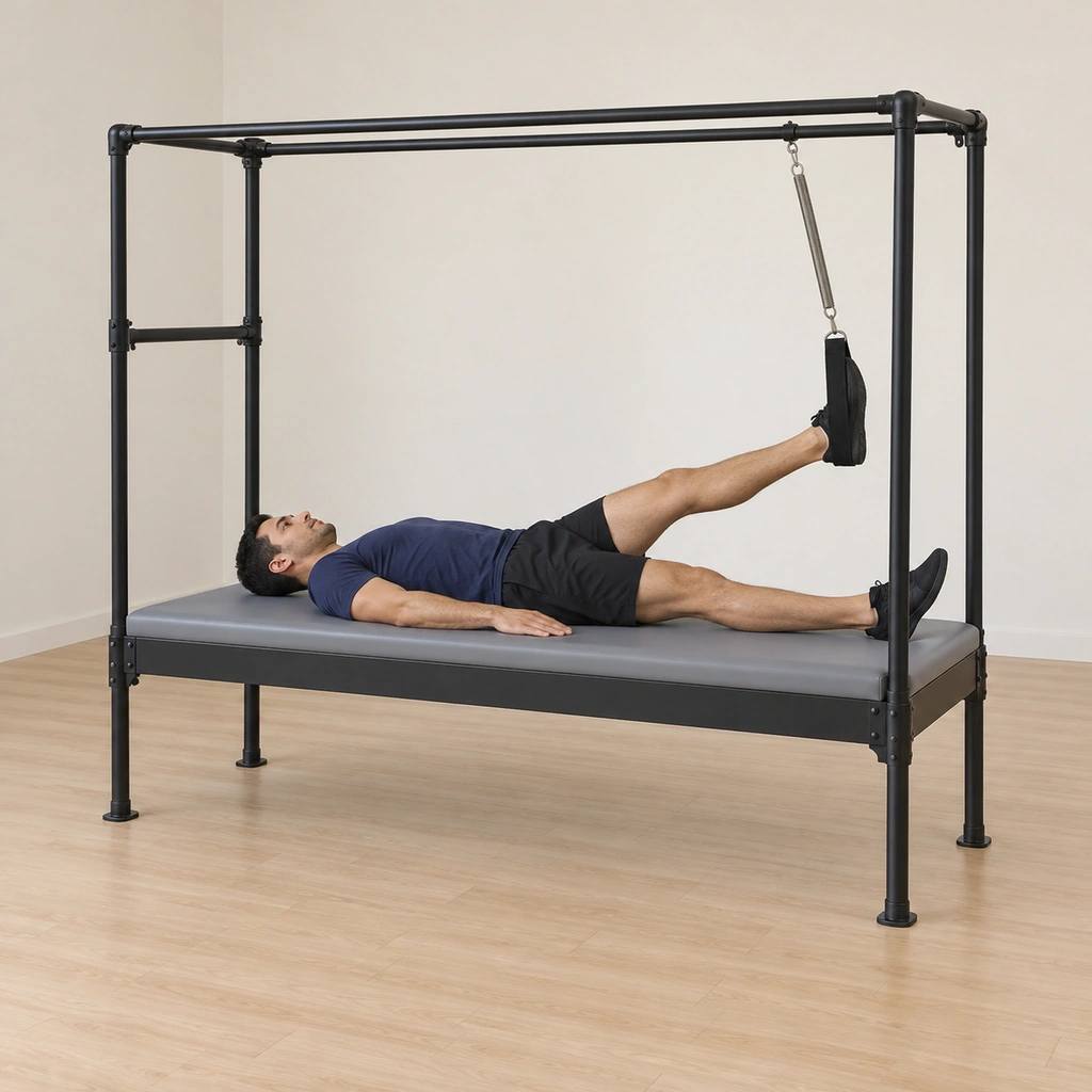 He lies supine on the cadillac table with one foot in the sprung trapeze set at mid-shin height and locked, the other leg resting free on the table, arms at his sides.