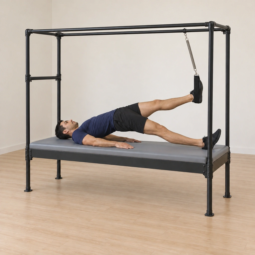 His hips begin lifting off the table as he presses through the trapeze-anchored foot, the free leg quiet and the center doing the work.