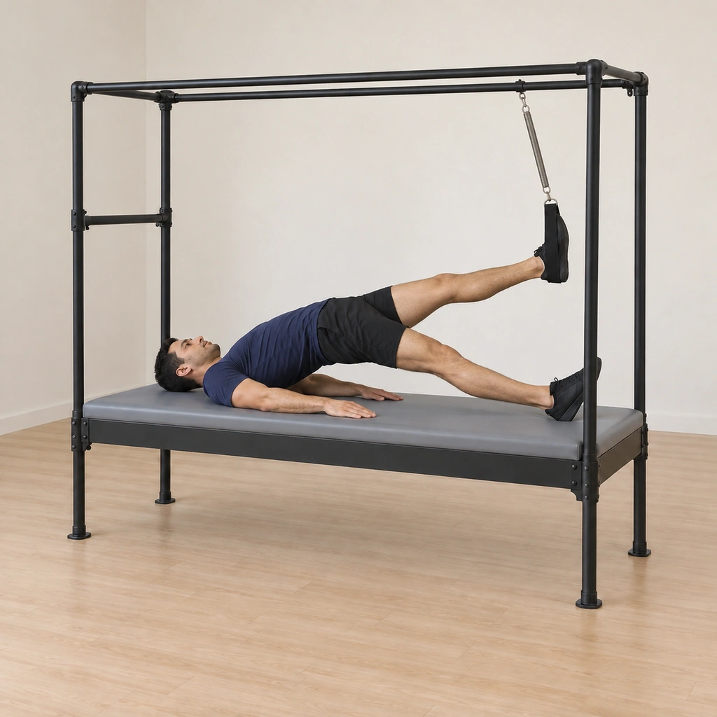 His hips hold fully lifted off the table, the trapeze leg pressing the spring, the free leg extending long and the body forming a long line from shoulders to working leg.