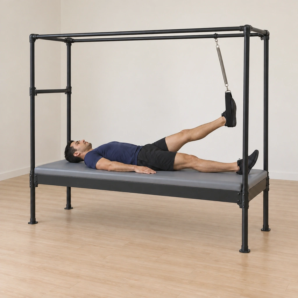 His hips lower with control back to the table, the trapeze foot still anchored and the free leg quiet, ready to repeat.