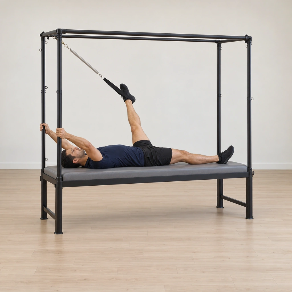 He lies supine on the cadillac table with his head toward the springs, his hands gripping the vertical poles above his elbows, one foot in the sprung loop and the other leg bent with its foot pressing the mat to balance his hips.