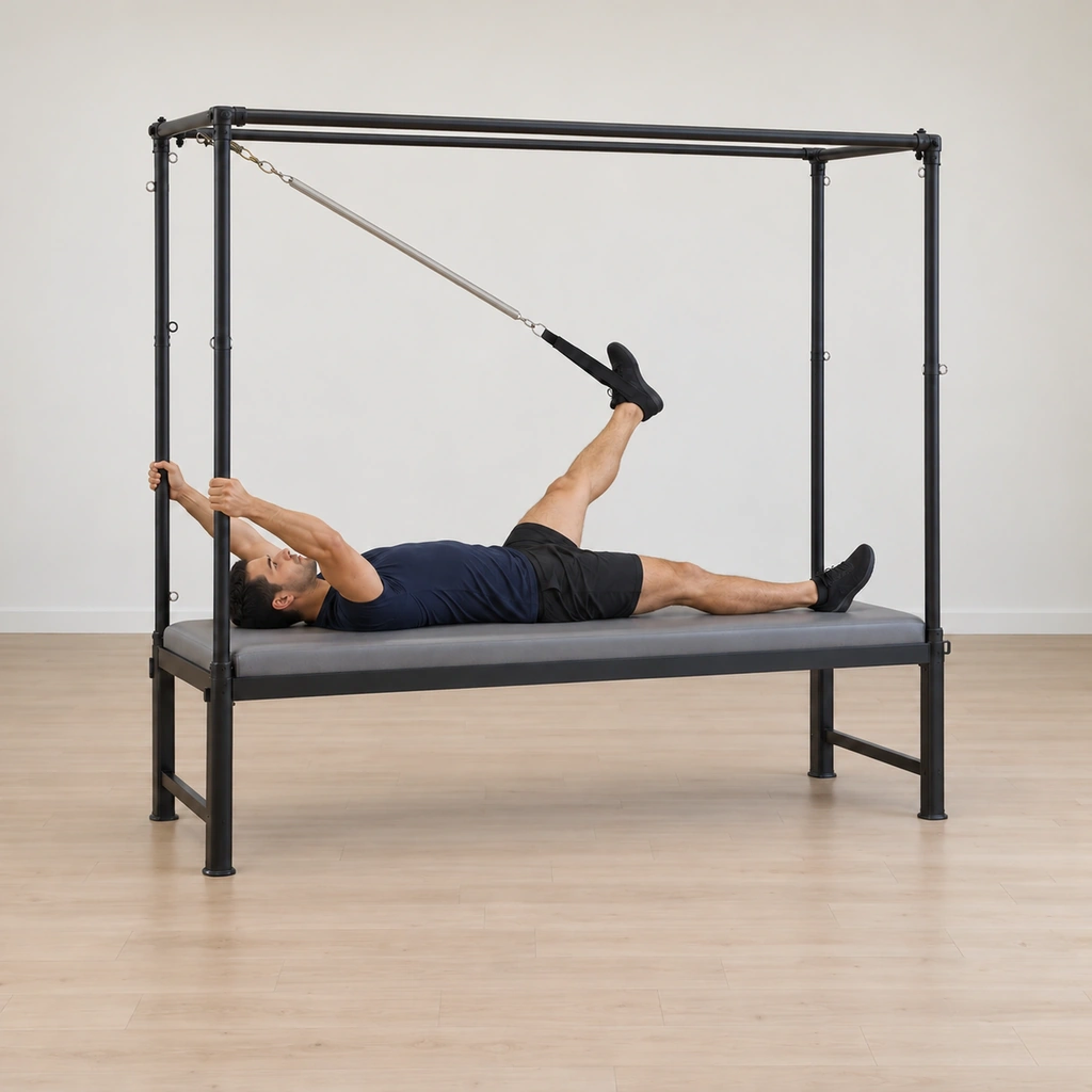 His sprung leg is pressing straight out along a low line, the spring drawn open, the free foot still pressing the mat, his hands steady on the poles and his pelvis level.