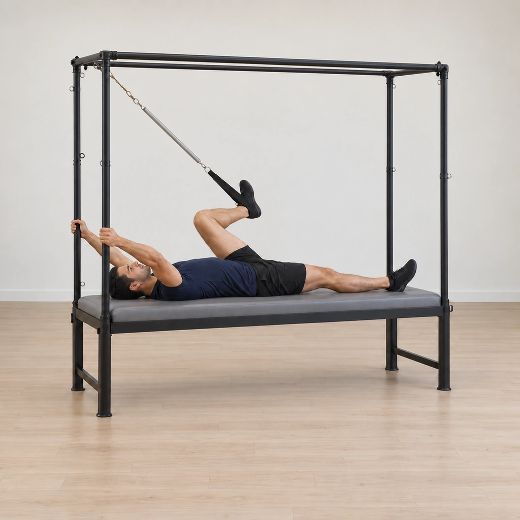 His sprung leg is low with the knee bending so the foot drags in toward the table edge, ready to pick the leg back up, the free foot still rooting and his hands still on the poles.