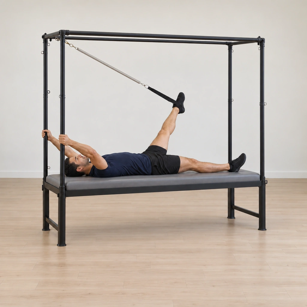 His sprung leg draws a straight-leg circle, the spring arcing under control, the free leg now reaching straight along the mat, his pelvis level and his hands still on the poles.
